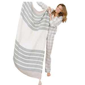 Imani Collective Woven Cotton Throw Blanket Slate/White/Beige Stripes Cozy